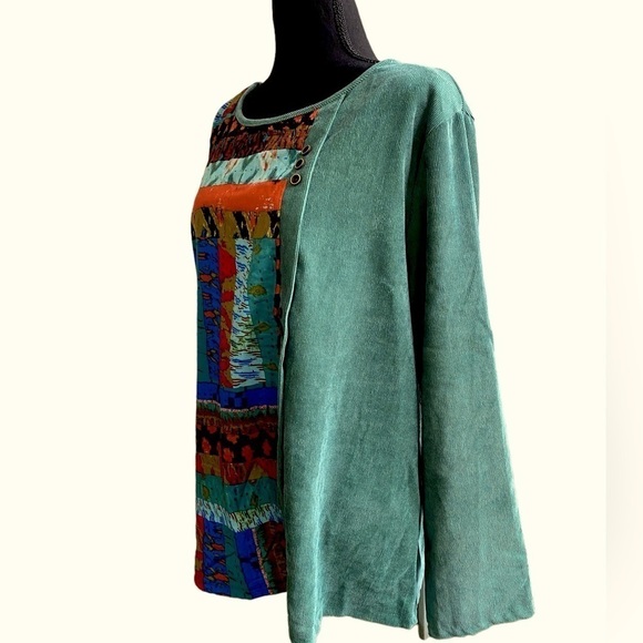 Zanzea Mixed Media Corduroy Top Ethnic Print Buttoned Women’s XXL Green Spl… - Picture 4 of 14